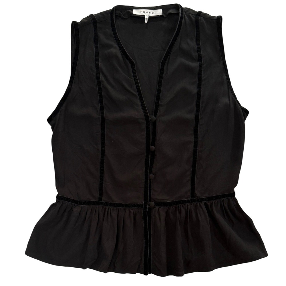 FRAME Black Velvet Trim Peplum Sleeveless Blouse LWSH0771 Womens XS
